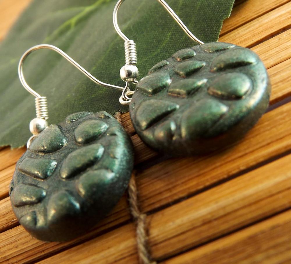 Opal Green Earrings, Polymer Clay, On Silver Plated Earwires.